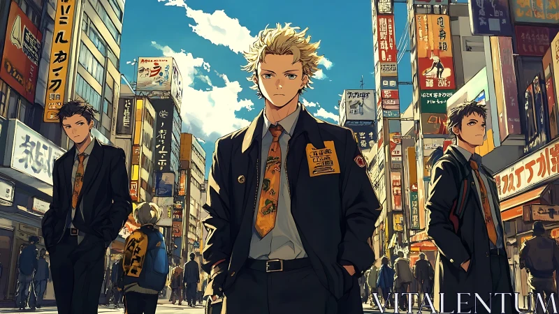 Urban anime youths in tailored uniforms on neon city street