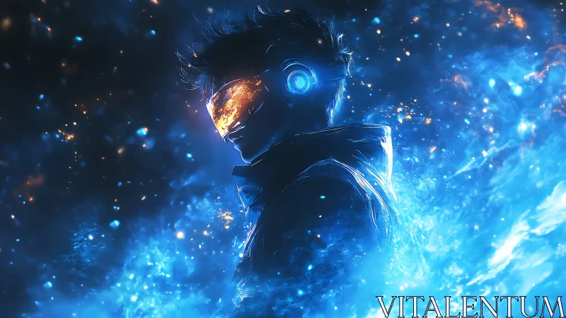 Neon-lit cyber hero stands in a swirling astral data storm