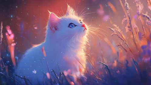 A Magical White Cat Gazes Upward in an Enchanted Glowing Field