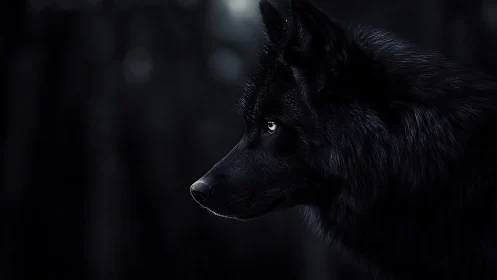 Midnight wolf profile glows against a deep forest hush.