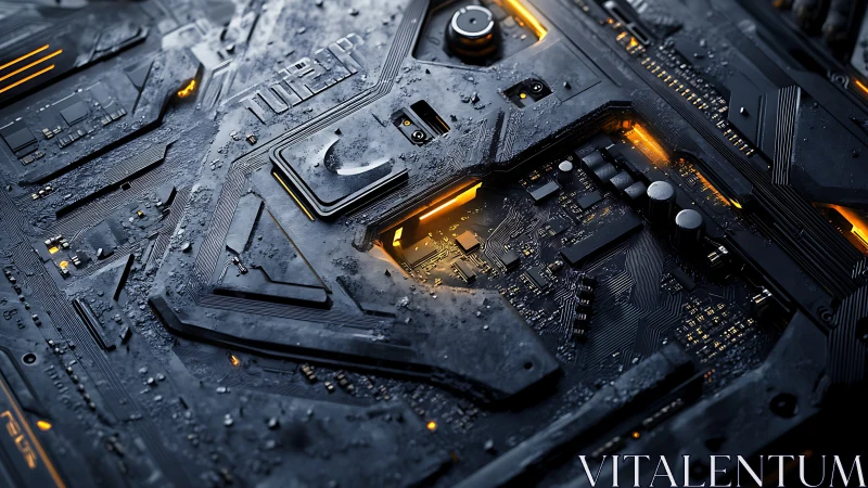 Cyberpunk motherboard macro with wet textured PCB and orange LEDs