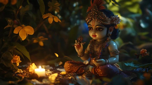 Divine child Krishna idol in candlelit forest glow at dusk.
