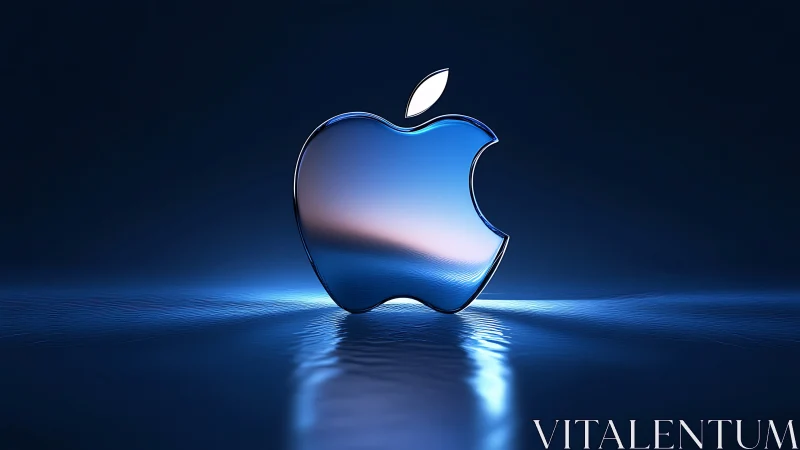 Glossy metallic apple logo glowing in calm blue light.