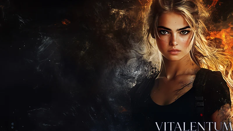 Focused warrior woman in dark, fiery digital portrait.