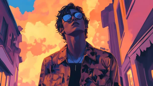 Stylish youth in sunset street under vivid orange clouds