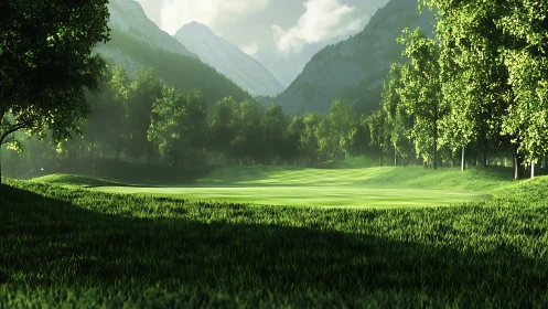 Photorealistic alpine golf fairway in luminous forest light.