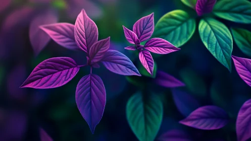 Neon gradient leaves glowing against deep blurred foliage.