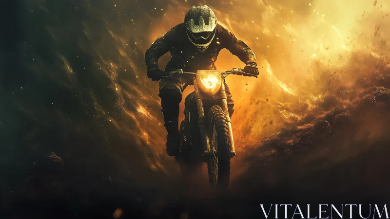 Motocross rider accelerates through glowing dust and smoke