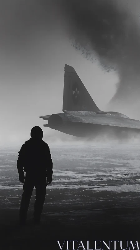 Silhouetted soldier watching jet in stormy monochrome scene.