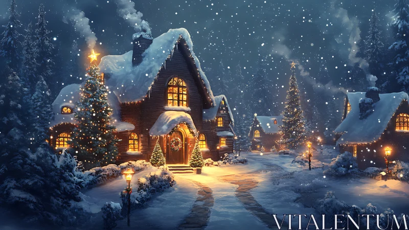 Snowy village cottage with glowing Christmas lights at night.