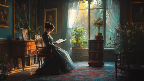 Victorian woman reads quietly near sunlit garden window