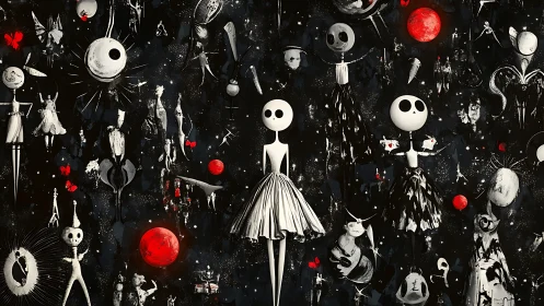 Surreal skeletal figures drift through a red moonlit cosmos