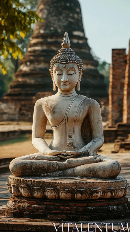 Stone Buddha statue seated in meditation at ancient site.
