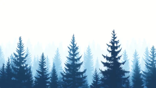 Misty blue conifer forest silhouette in layered gradient composition.