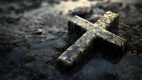 Weathered stone cross resting on wet textured ground surface.