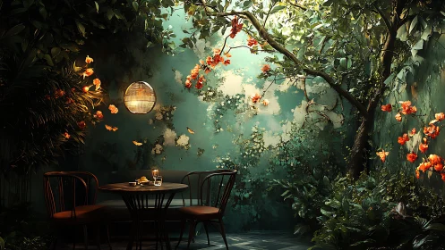 Twilight garden bistro glows beneath a flowering canopy.