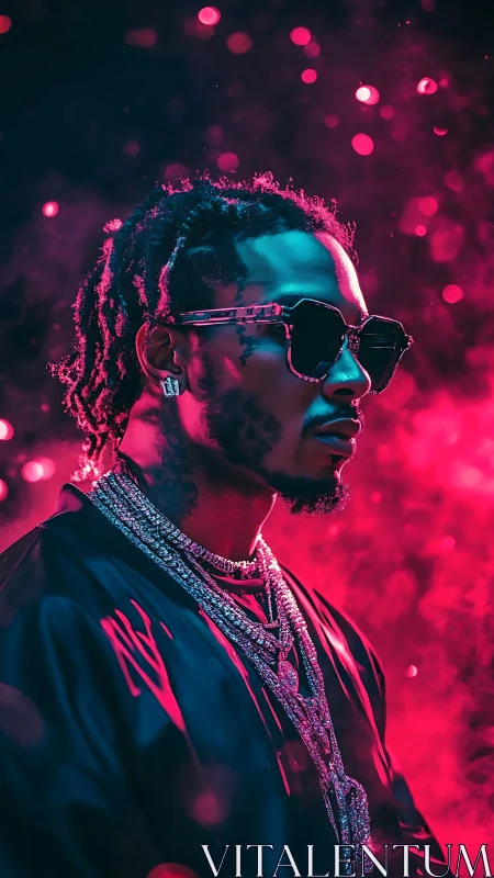 Neon backlit portrait of rapper in pink bokeh haze, 3D realism