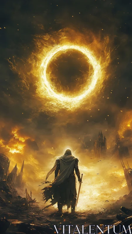 Lone cloaked warrior beneath blazing apocalyptic eclipse.