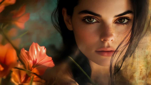 Digital portrait of young woman with orange flowers framing gaze.