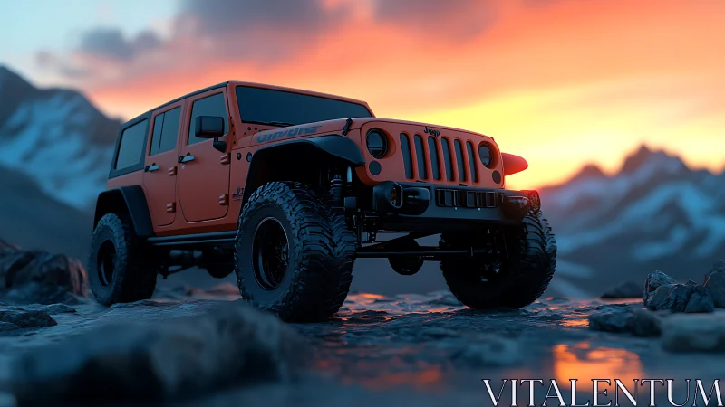 Sunset-lit orange off-road jeep on wet mountain rocks.