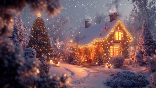 Snowy cottage glows under magical Christmas lights at dusk.