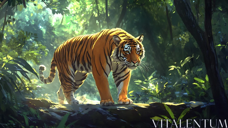 Radiant jungle tiger under volumetric foliage lighting field.