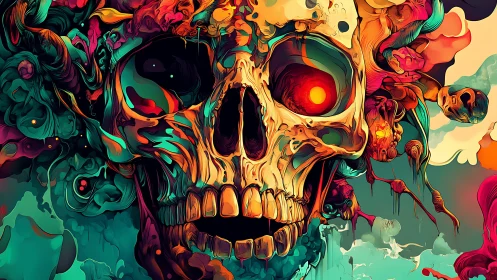 Fluorescent skull blooms through swirling neon nightmare fog