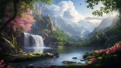 Enchanted mountain valley with waterfall and crystal lake.