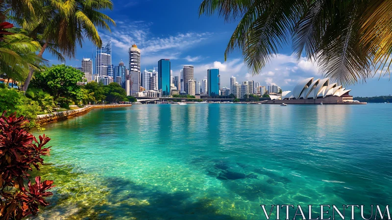 Tropical harbor dreams meet glassy skyline reflections at noon.