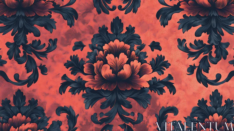 Floral damask motif with dark leaves on textured coral ground.