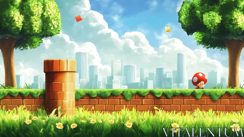Side-scrolling platform landscape merges cartoon terrain and city skyline
