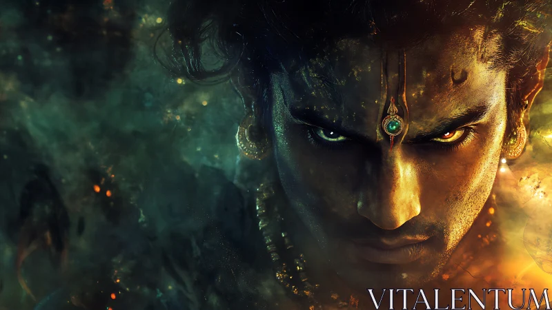 Mythic warrior close-up in glowing emerald forehead jewel portrait.