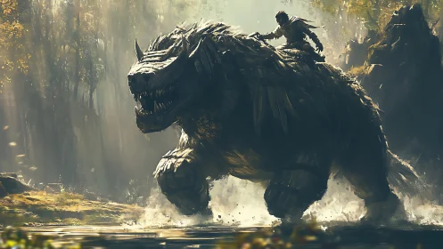 Fantasy warrior on beast in cinematic digital painting composition.