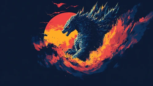 Colossal reptile silhouette ignites molten sunset horizon.