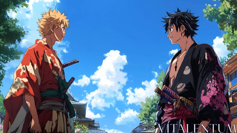 Samurai duel standoff between two anime swordsmen outdoors.