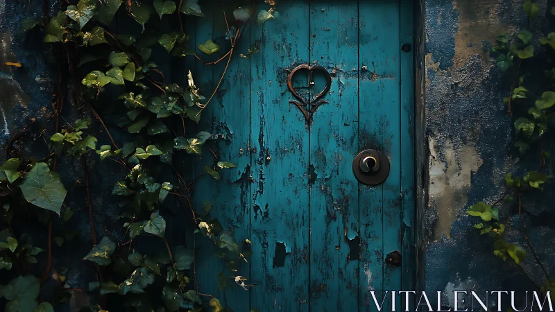 Weathered teal door with ivy and heart-shaped metal detail