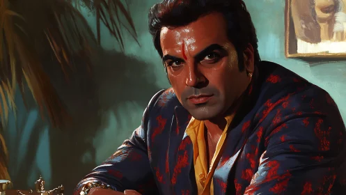 Cinematic portrait of intense man in patterned blazer with oil-rendered light