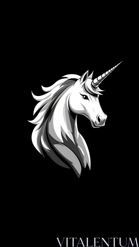 Monochrome unicorn crest blazing against midnight black void.
