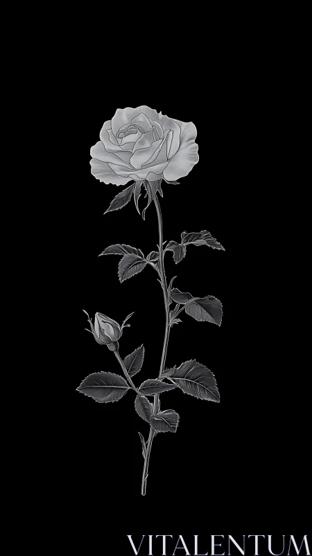 Monochrome engraved rose stem with botanical linear detailing.