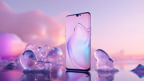 Sleek smartphone in dreamy pastel setting with melting ice forms.