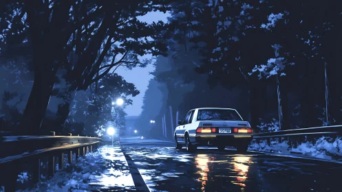 Midnight sedan hums softly along rain-lacquered forest road