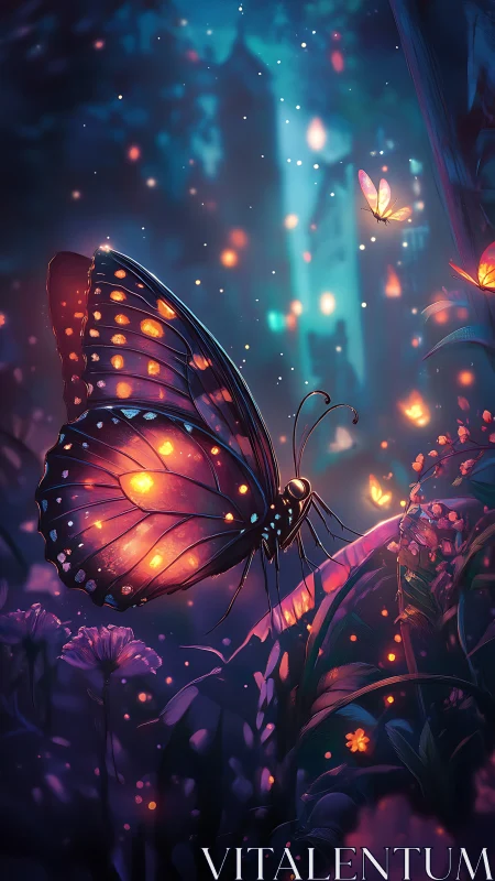 Firefly-winged butterfly drifts through midnight garden glow.