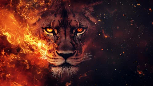 Lion visage fused with burning firestorm and ember void.