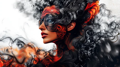 Cyber-organic portrait merges smoke, waveform patterns, and neon