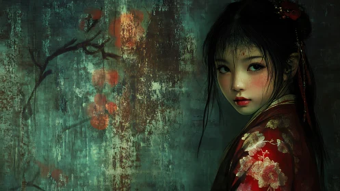 Digital portrait of girl in red kimono before teal wall.