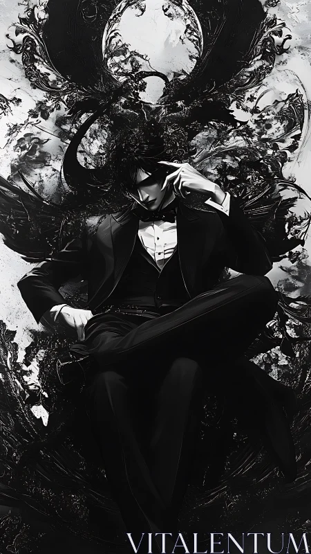 Calm suited figure resting amid swirling dark magic.