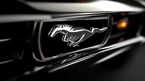 Chrome running horse emblem gleams on a sleek black grille