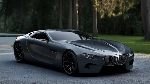 Grey BMW concept coupe parked on forest road surface.