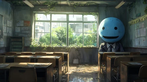 Empty classroom with blue-headed figure near window.