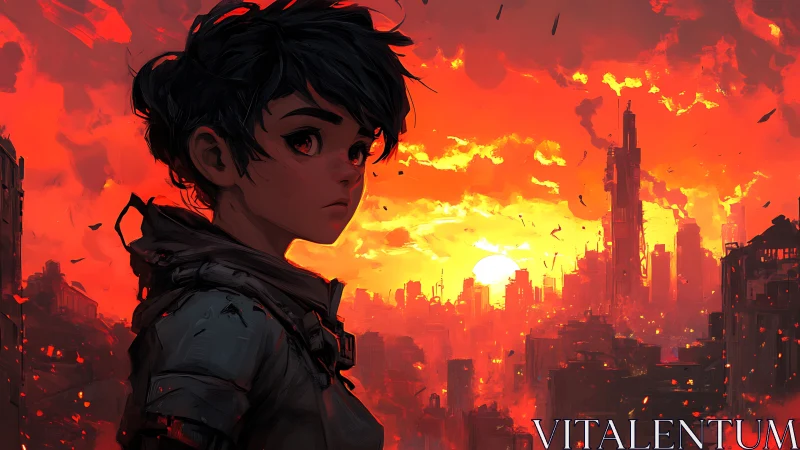 Solitary figure before red urban sunset skyline panorama.